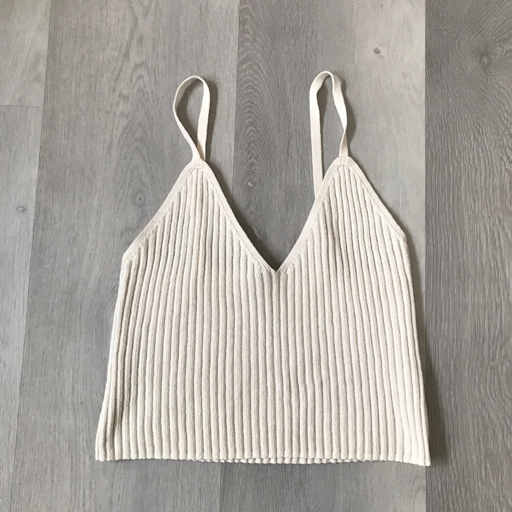 ZARA RIBBED V NECK IVORY CAMISOLE PULLOVER CROPPED WOMENS MEDIUM